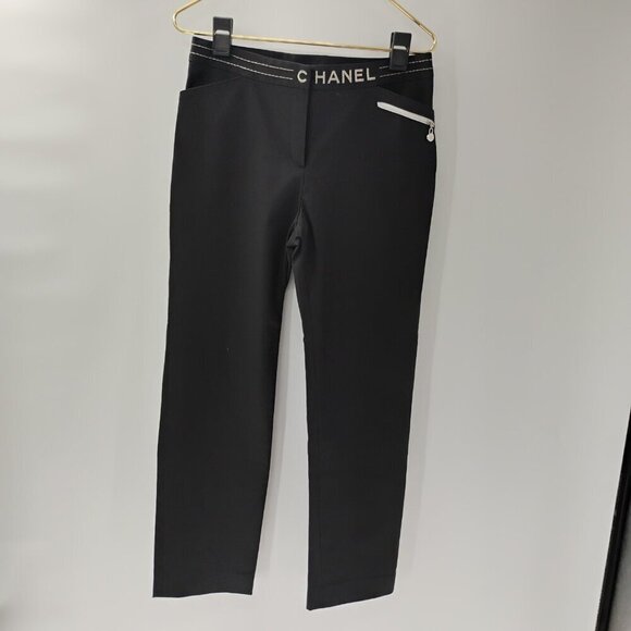 black womens dress pants straight cut chanel brand sz10 with silver thread - Picture 1 of 12